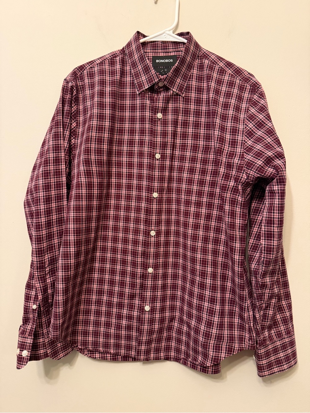Bonobos Shirt Men’s Large Slim Short Red Purple Plaid Button Up Long Sleeves